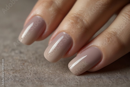 Closeup to woman hands with elegant neutral colors manicure. Beautiful natural looking gel polish manicure on square nails.