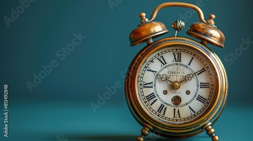An antique alarm clock is sitting on a solid green background. The clock is made of metal and has a round face with a white dial and black numbers. The clock is ticking loudly.