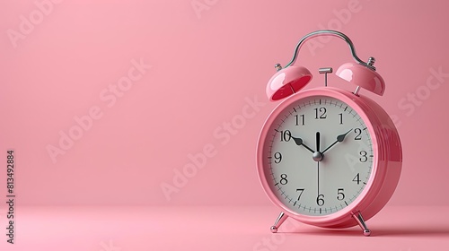 A pink alarm clock is sitting on a pink table. The alarm clock is set for 7:00 AM. The background is a light pink color.