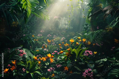 Rainforest jungle with colorful flowers for background