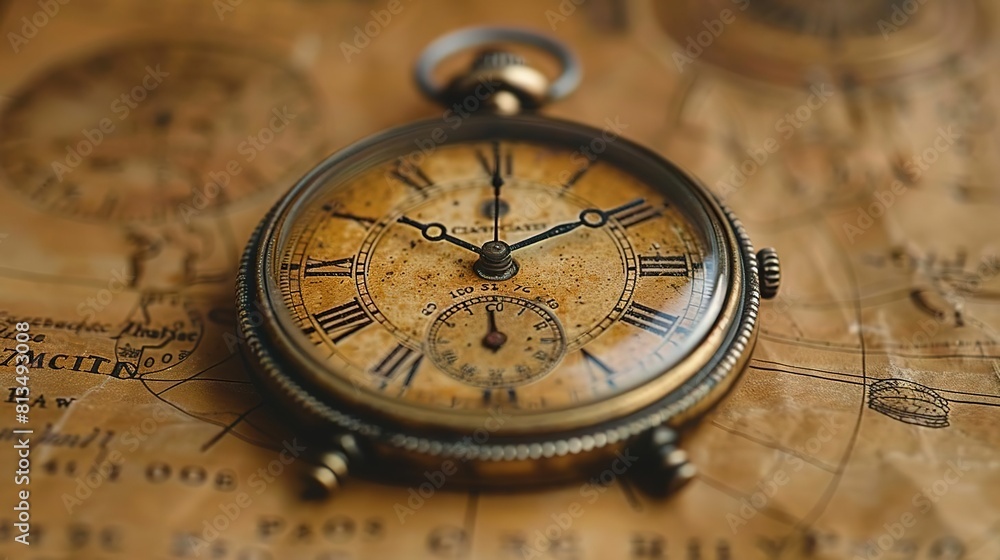 A beautiful gold pocket watch with intricate engravings on the case. The watch is open, and the face is a deep blue with gold hands. The watch is lying on a detailed world map. A beautiful gold pocket watch with intricate engravings on the case. The watch is open, and the face is a deep blue with gold hands. The watch is lying on a detailed world map.