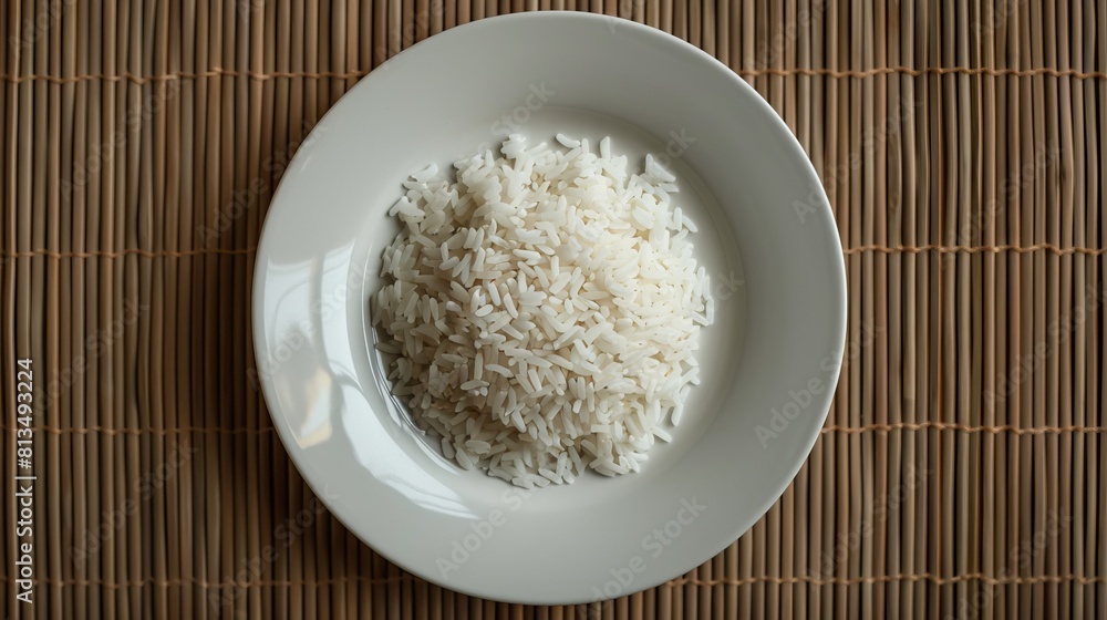 Top view of plain white plate with just a single grain of rice in the middle. Top view of plain white plate with just a single grain of rice in the middle.