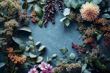 Flowers and greenery frame on blue background. Botanical composition with eucalyptus leaves, flowers, berries, dahlia on dark blue backdrop, flat lay, top view.
