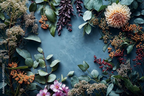 Flowers and greenery frame on blue background. Botanical composition with eucalyptus leaves, flowers, berries, dahlia on dark blue backdrop, flat lay, top view.