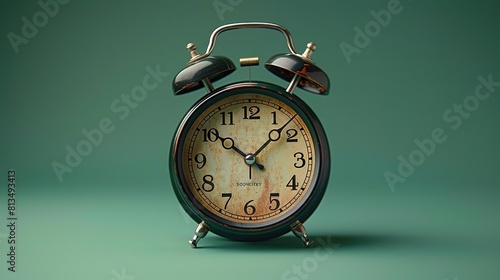 A close up of an antique alarm clock with a green background. photo