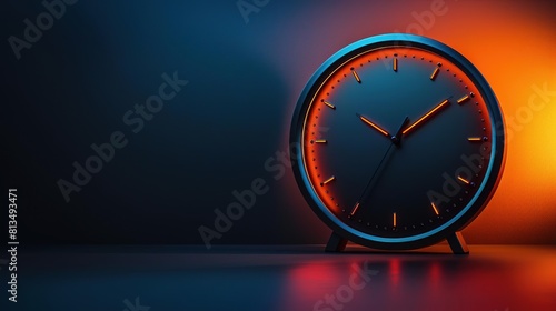 Wallpaper Mural A clock is ticking away on a dark blue background. The clock is round and has a black face with glowing red numbers and hands. The clock is sitting on a reflective surface. Torontodigital.ca
