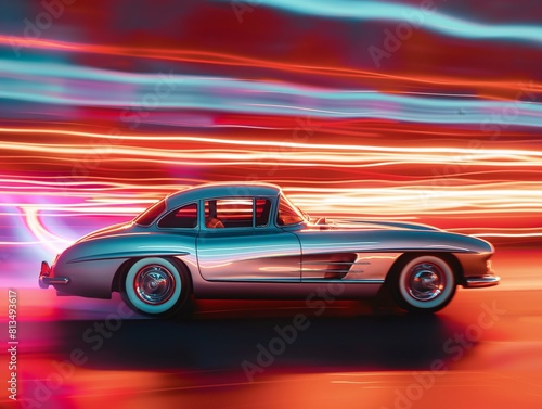 A vintage coupe car speeding through a tunnel with vibrant neon light trails for a sense of fast movement and retro vibe.