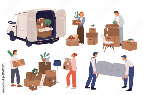 People moving to new housing. Family relocation. Persons collect things in boxes. Movers load furniture into car. Cardboard containers delivery. Transportation service. Garish vector set