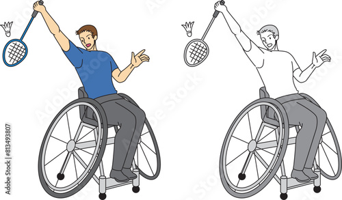 車椅子でバドミントンをする男性選手のイラストセット／Illustration set of a male player playing badminton in a wheelchair