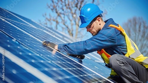 A professional installer carefully positioning solar panels on a residential roof under the clear blue sky