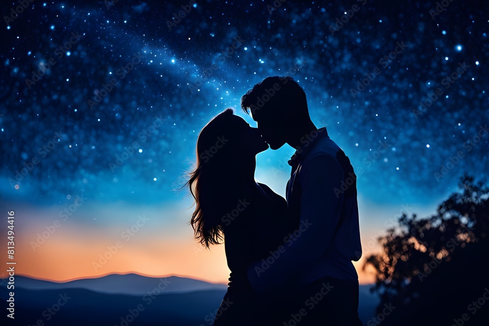 The moonlight of the city. The silhouette of two people sharing a kiss against the starry night sky, ai, generative, 달빛, korea The moonlight of the city. The silhouette of two people sharing a kiss against the starry night sky, ai, generative, 달빛, korea