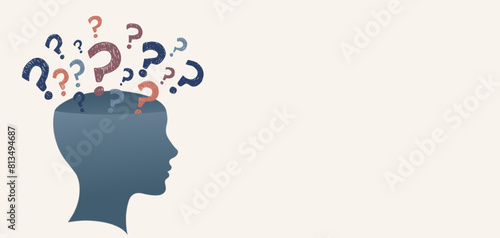 Mental health banner copy space. Profile head with question mark. Emotional burnout. OurMindsMatter. Poster for psychiatry or psychology medical studies clinics