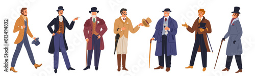 Gentlemen characters. Male persons with vintage clothing. 19th century European fashion. Aristocrats men. Victorian elegant suits. Walking cane and hat. Dandy apparel. Garish vector set
