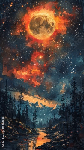Watercolor illustration art of stars, sky, astronomy, vintage style.