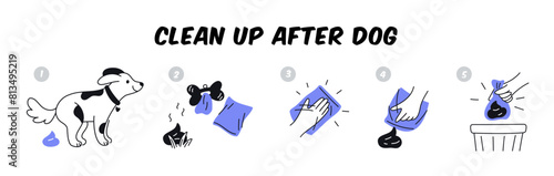 Clean up after dog infographic. Removing excrement after pet. Domestic animal feces collection on walk in bag. Puppies pooping. Defecation hygiene information. Garish vector instruction