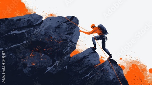 A stylized illustration of a climber ascending a large rock against a backdrop of high mountains and a vibrant orange and blue color scheme.