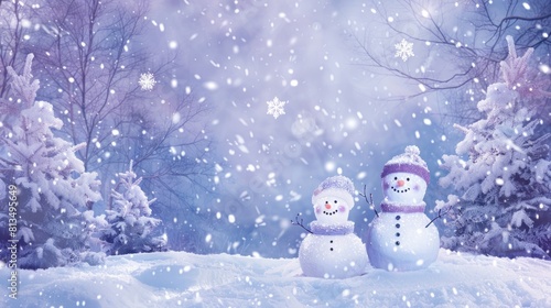 a whimsical winter wonderland background with soft hues of blue and lavender, showcasing sparkling snowflakes, friendly snowmen, and a touch of holiday magic.  © Bope