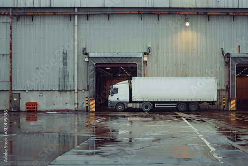 A logistics company truck stands at the door of a warehouse 