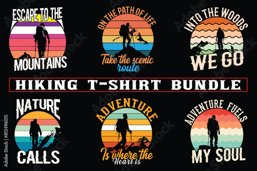 Hiking t shirt design for print on demand, adventure mountain outdoor hiking custom t-shirt design bundle, Adventure is Calling Hiking