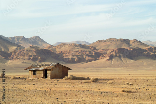 A lone desert outpost  a small shelter providing respite from the expansive  arid surroundings 