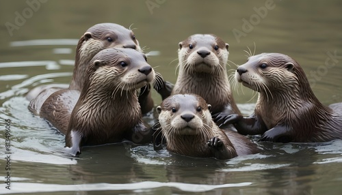 A family of otters playing in a shallow river cha upscaled 8