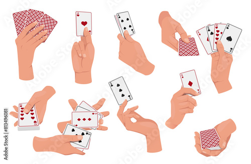 Cartoon human arms holding playing cards. Gambling luck. Vegas casino. Jackpot winning. Gaming fortune. Shuffling deck. Gamble aces. Poker hand. Entertainment club. Table games vector set
