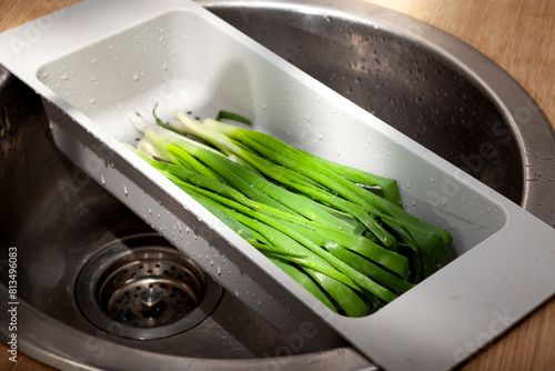 Spring onion in kitchen sink. Green onions with water drops in colander. Vegetable greens washing photo