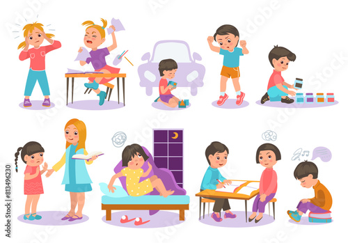 Cartoon autistic children. Kids with autist syndrome. Communication problems. Hyperactivity or autism spectrum disorder. Naughty girl in school. Alone boy games. Splendid vector set