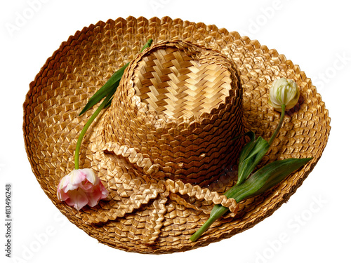 Straw hat with tulips isolated on white background