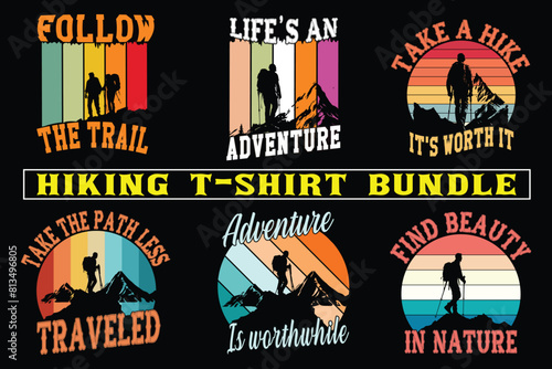 Hiking t shirt design for print on demand, adventure mountain outdoor hiking custom t-shirt design bundle, Adventure is Calling Hiking
