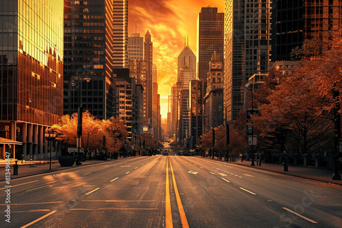 A long and wide road in the middle of a city with tall buildings on both sides The sky is a bright orange color photo