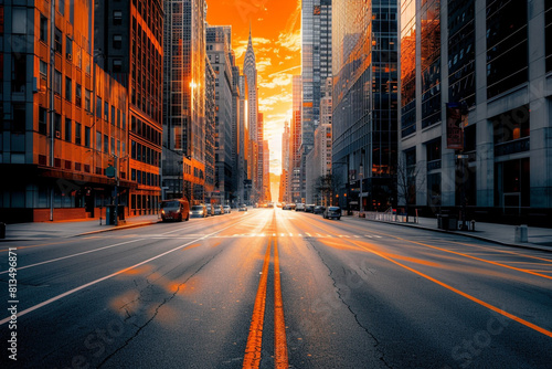 A long and wide road in the middle of a city with tall buildings on both sides The sky is a bright orange color 