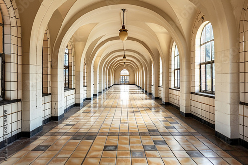 A long  empty hallway with arched ceilings and tiled floors