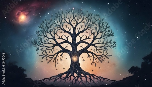 Illustrate a tattoo design of a cosmic tree of lif upscaled 2