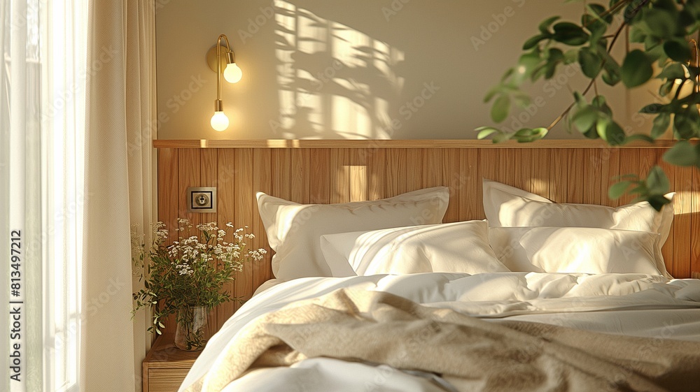 Intimate bedroom with subtle wall lighting and wooden bedside shelf. Intimate bedroom with subtle wall lighting and wooden bedside shelf.