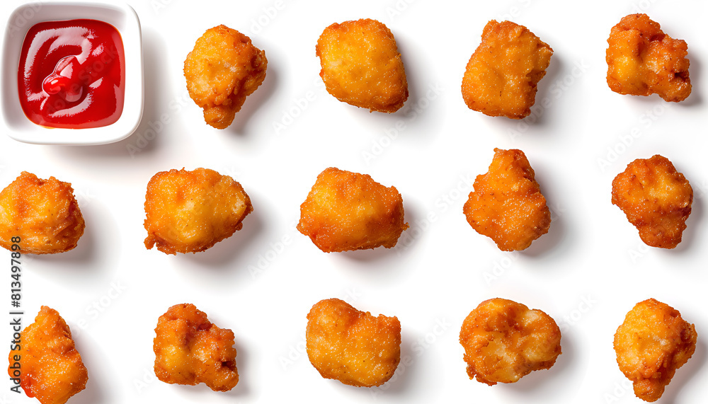 Collage of tasty nuggets served with ketchup on white background Collage of tasty nuggets served with ketchup on white background