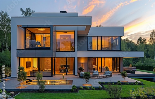 Modern house at dusk with illuminated windows, set against a sunset sky, architecture concept.