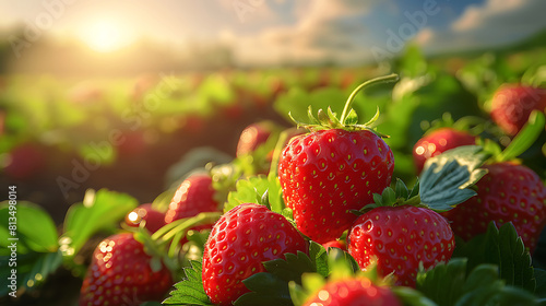 Fresh strawberries in the field  planted in sunlight.