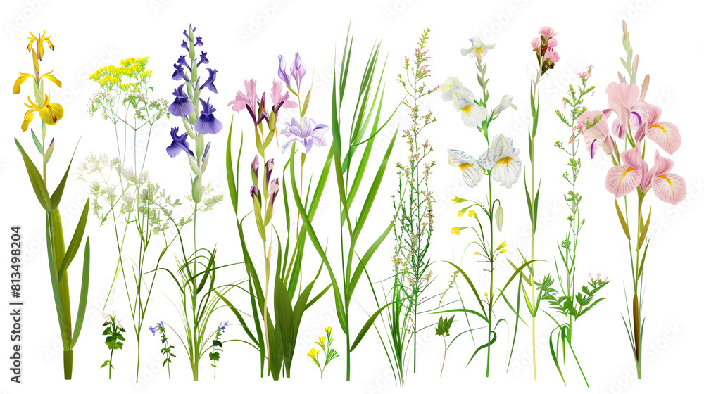 Set of riverbank flowers including irises, willow herb, and reed mace, isolated on transparent background