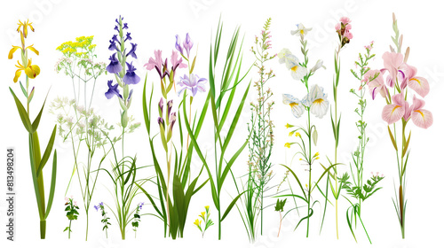 Set of riverbank flowers including irises, willow herb, and reed mace, isolated on transparent background photo