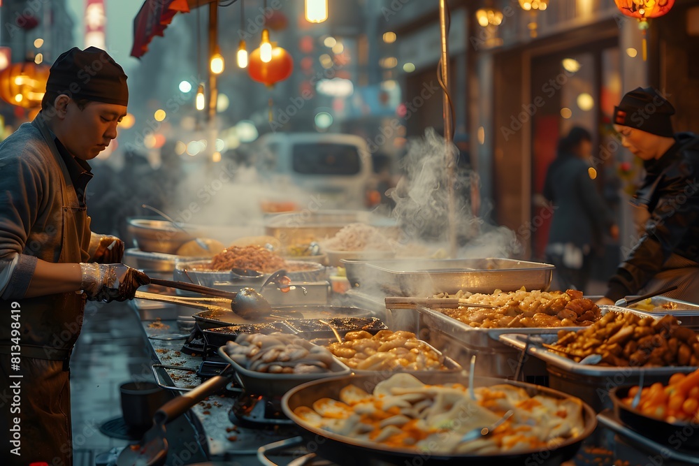 Global Street Food : A bustling street corner captured during a food festival