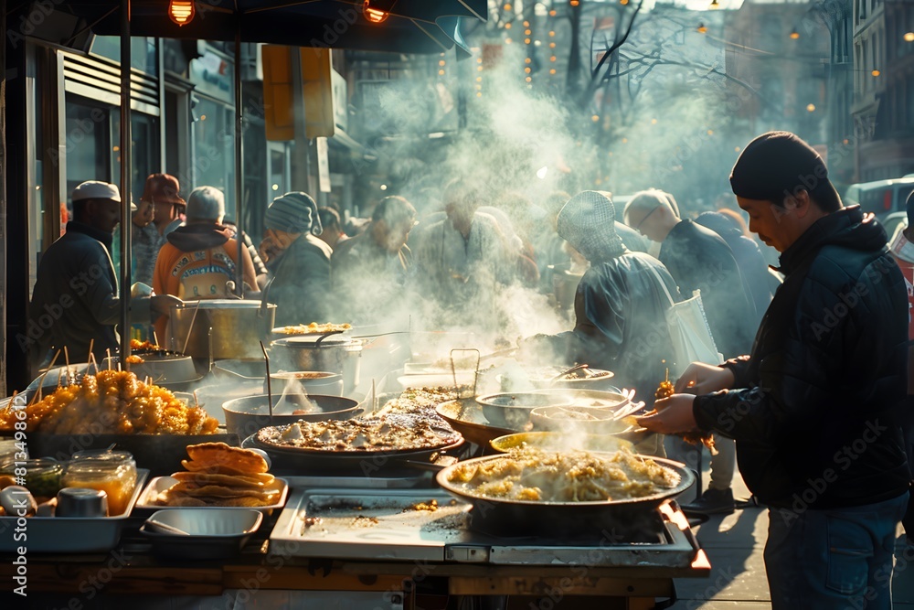 Global Street Food : A bustling street corner captured during a food festival Global Street Food : A bustling street corner captured during a food festival