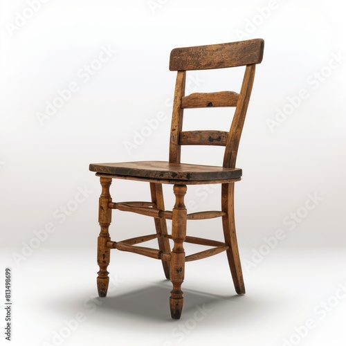 Traditional wooden kitchen chair with turned legs and a ladder back, isolated on white.