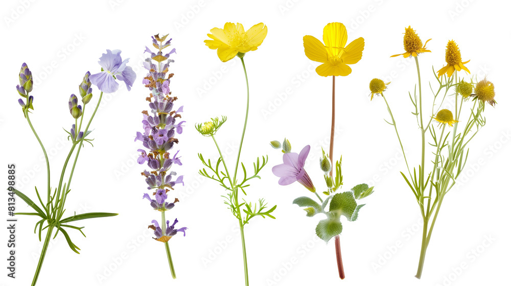 Set of coastal blooms including sea lavender, marsh marigold, and cordgrass flowers, isolated on transparent background