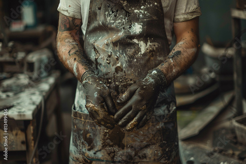 A man in a dirty apron and gloves 