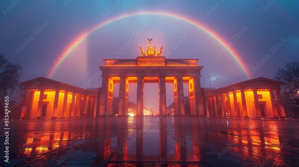 Obraz premium Stunning View of Brandenburg Gate Illuminated at Night Under a Double Rainbow