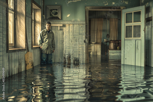 a man in rubber boots stands in a flooded house 