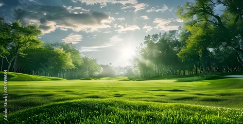 green grass and woods on a golf field  gold course panorama view background banner