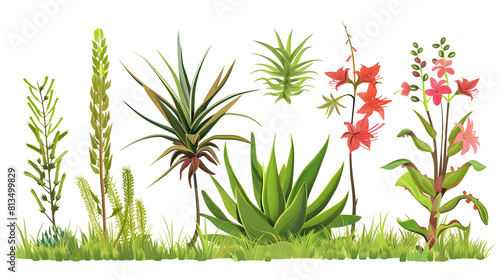 Set of drought tolerant flowers including agave, aloe, and yucca, isolated on transparent background