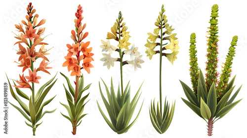 Set of drought tolerant flowers including agave  aloe  and yucca  isolated on transparent background
